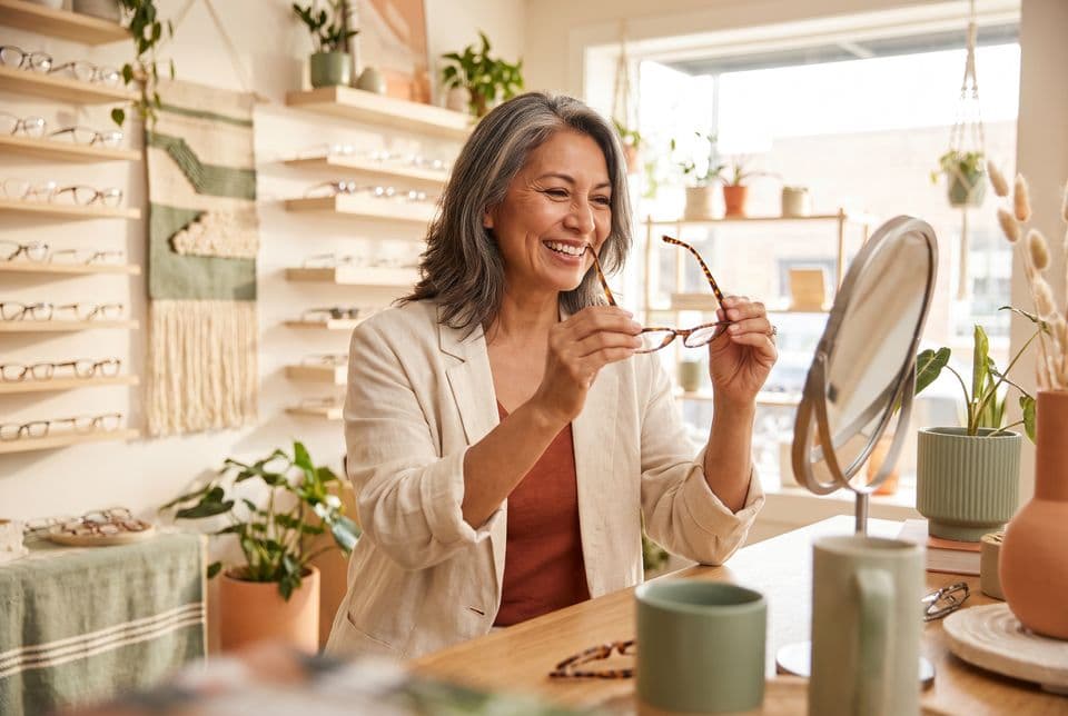 A woman in her 50s smiling as she tries on eyeglass frames at a mirror