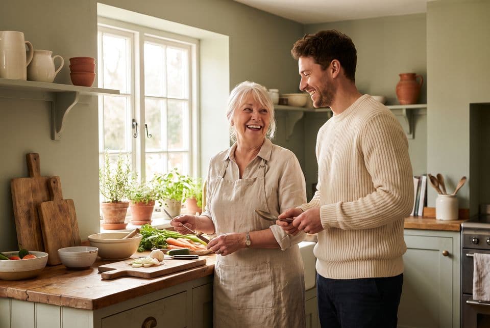 A grandmother and her grown grandson laughing as they cook together in a sunny kitchen