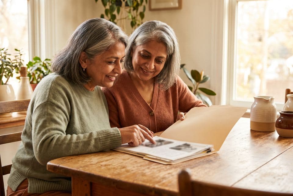 Two women in their 60s reading through a folder of papers together at a sunny dining table