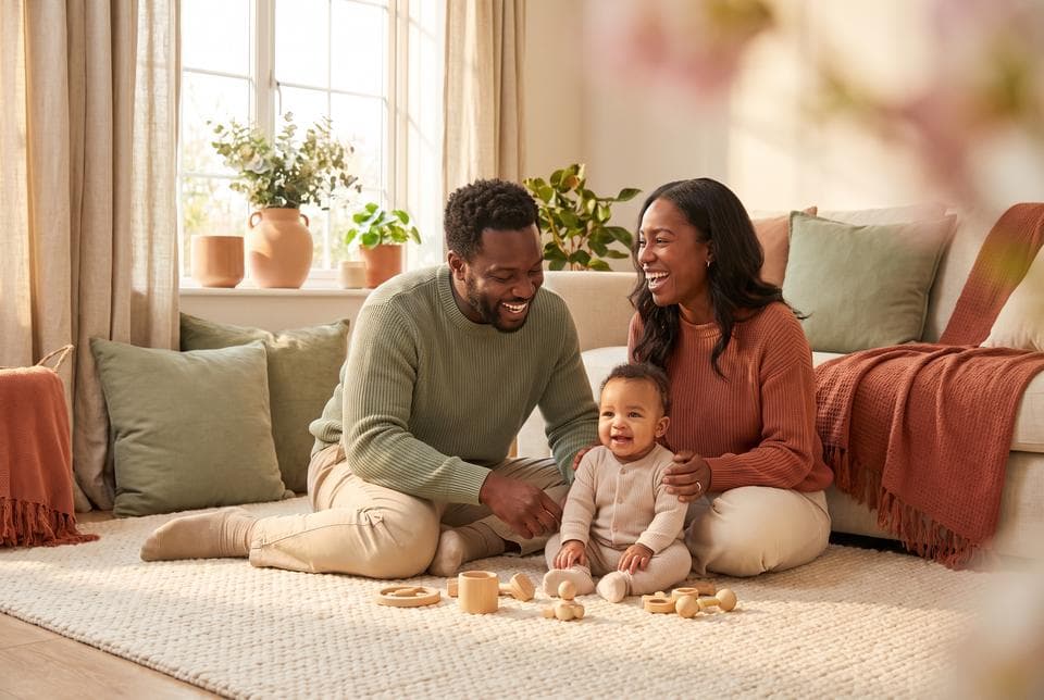 A couple sitting on a living-room rug playing with their baby