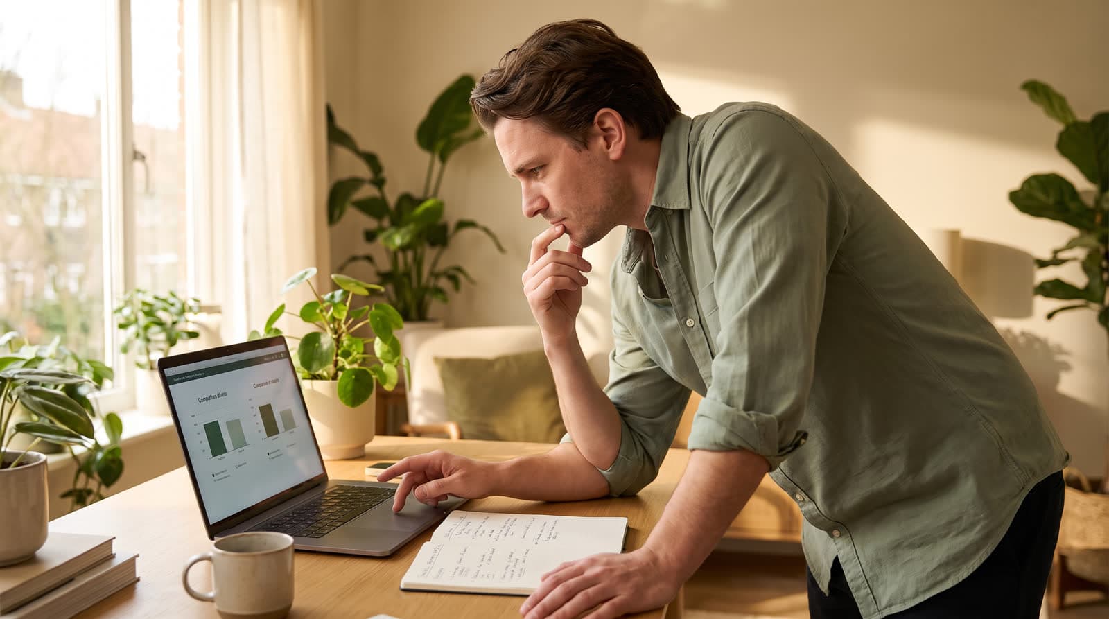 A young professional comparing plan options on a laptop at a home desk