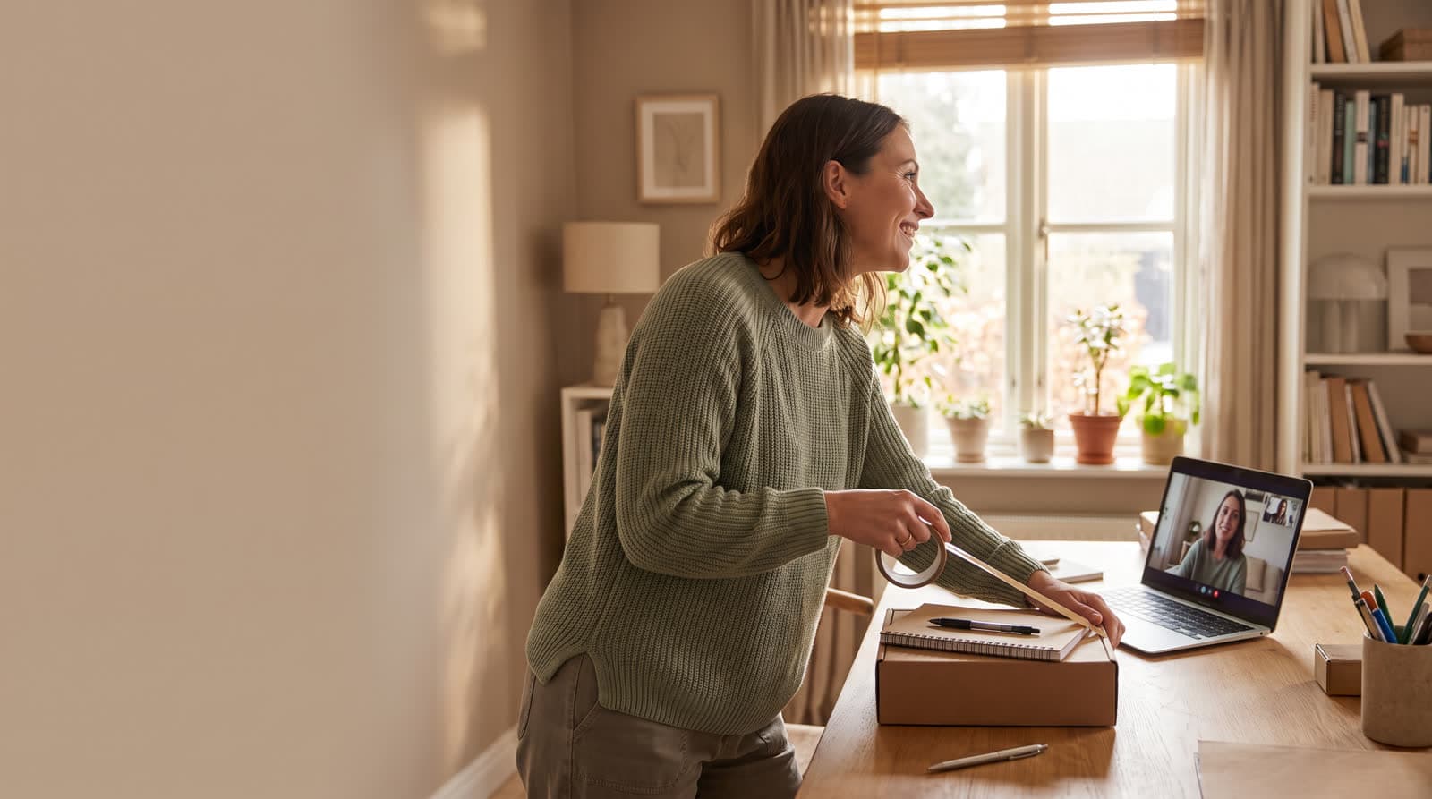A person in a home office smiling while packing a small box near a laptop