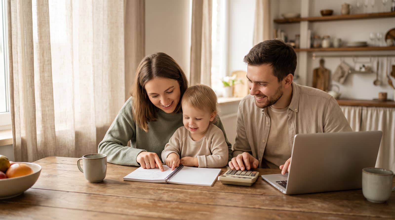 A family at a kitchen table reviewing a notebook and a laptop together