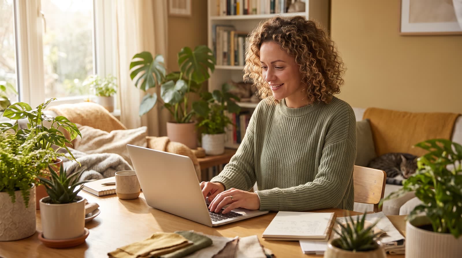 A freelancer working at a laptop in a cozy home studio surrounded by plants