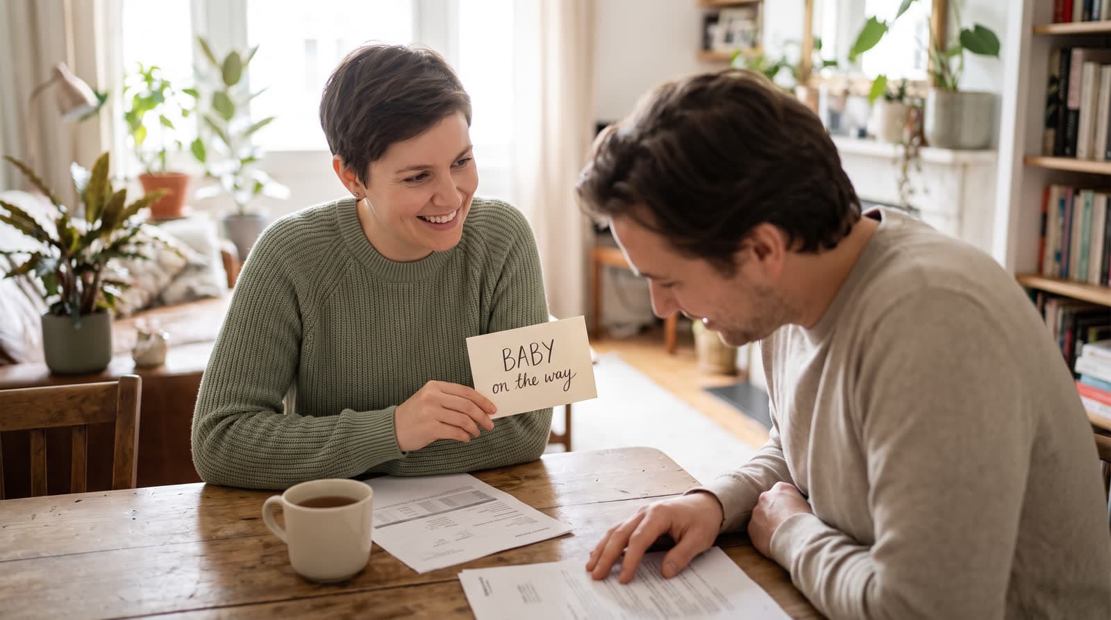 A couple reviewing paperwork together at home in a hopeful moment