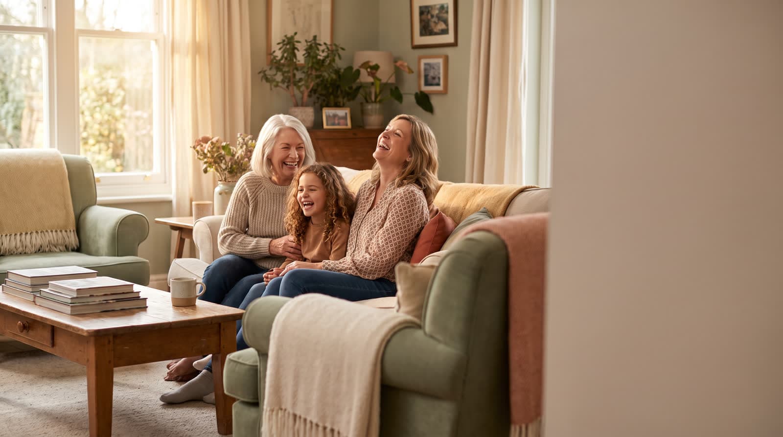 Three generations of a family laughing together in a warm living room