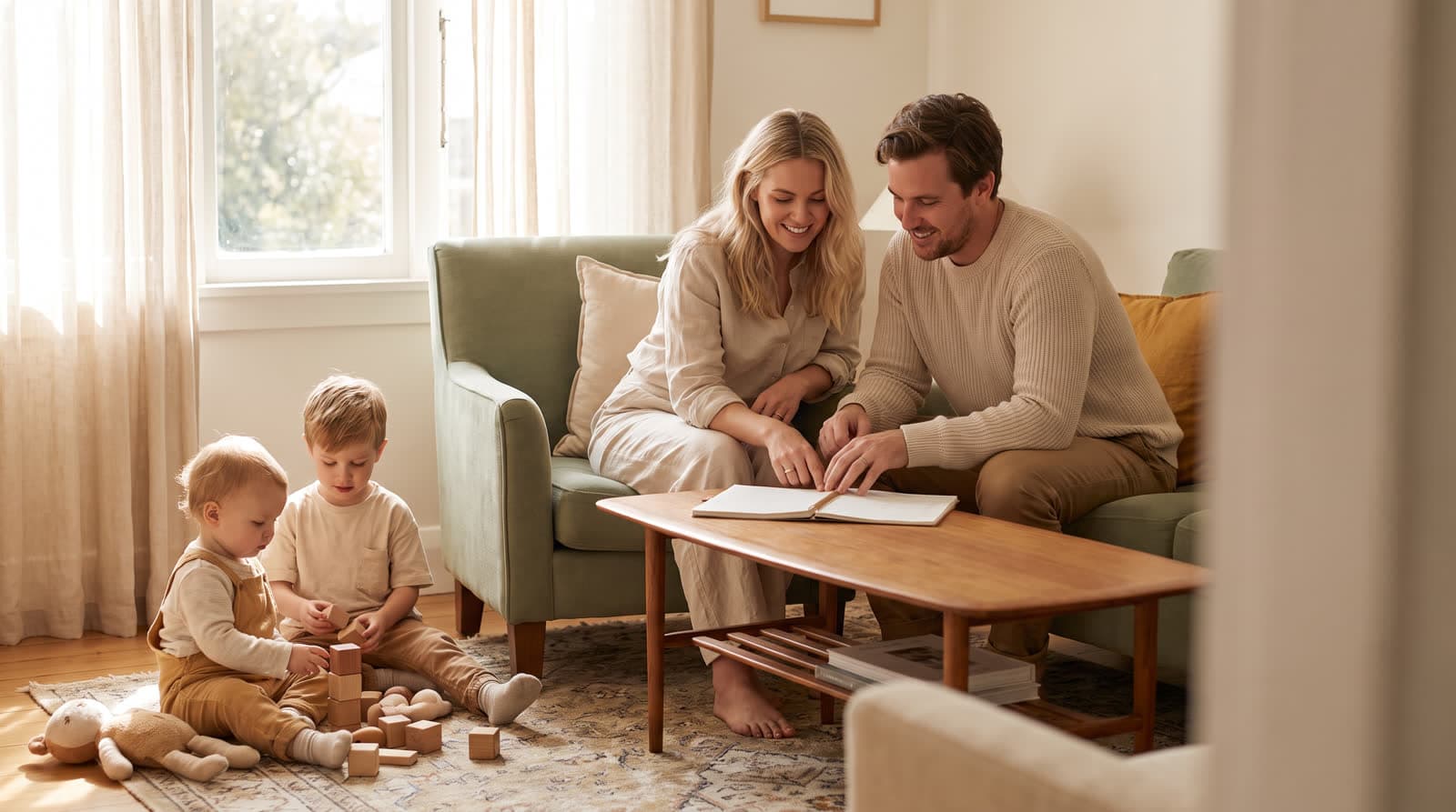 A young family in a bright living room reviewing a notebook together