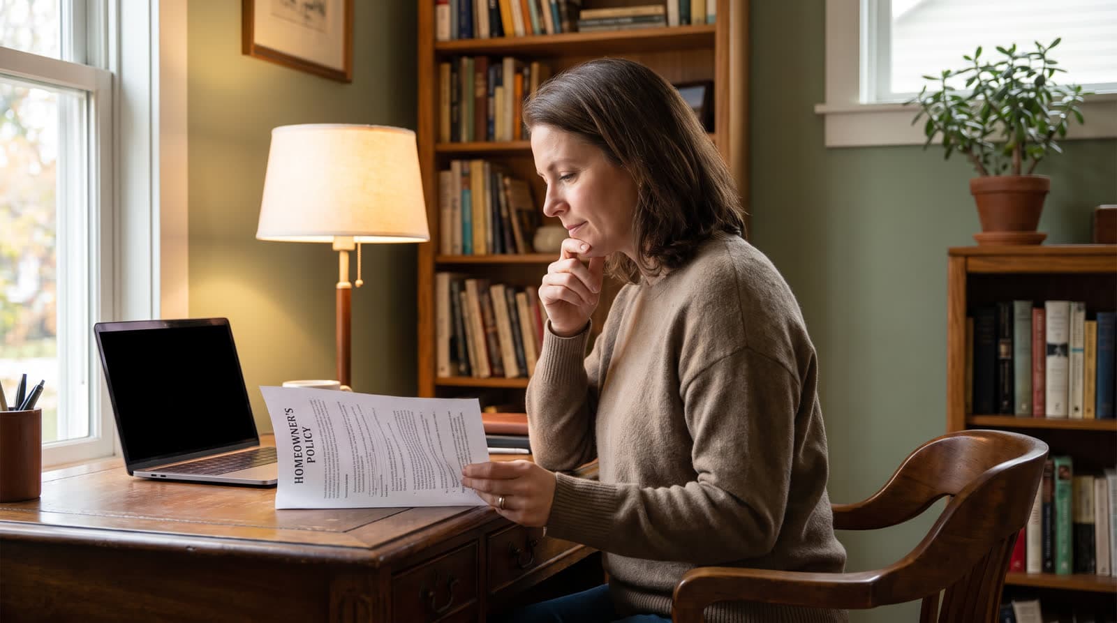 An adult thoughtfully reviewing an insurance policy document at a home office desk
