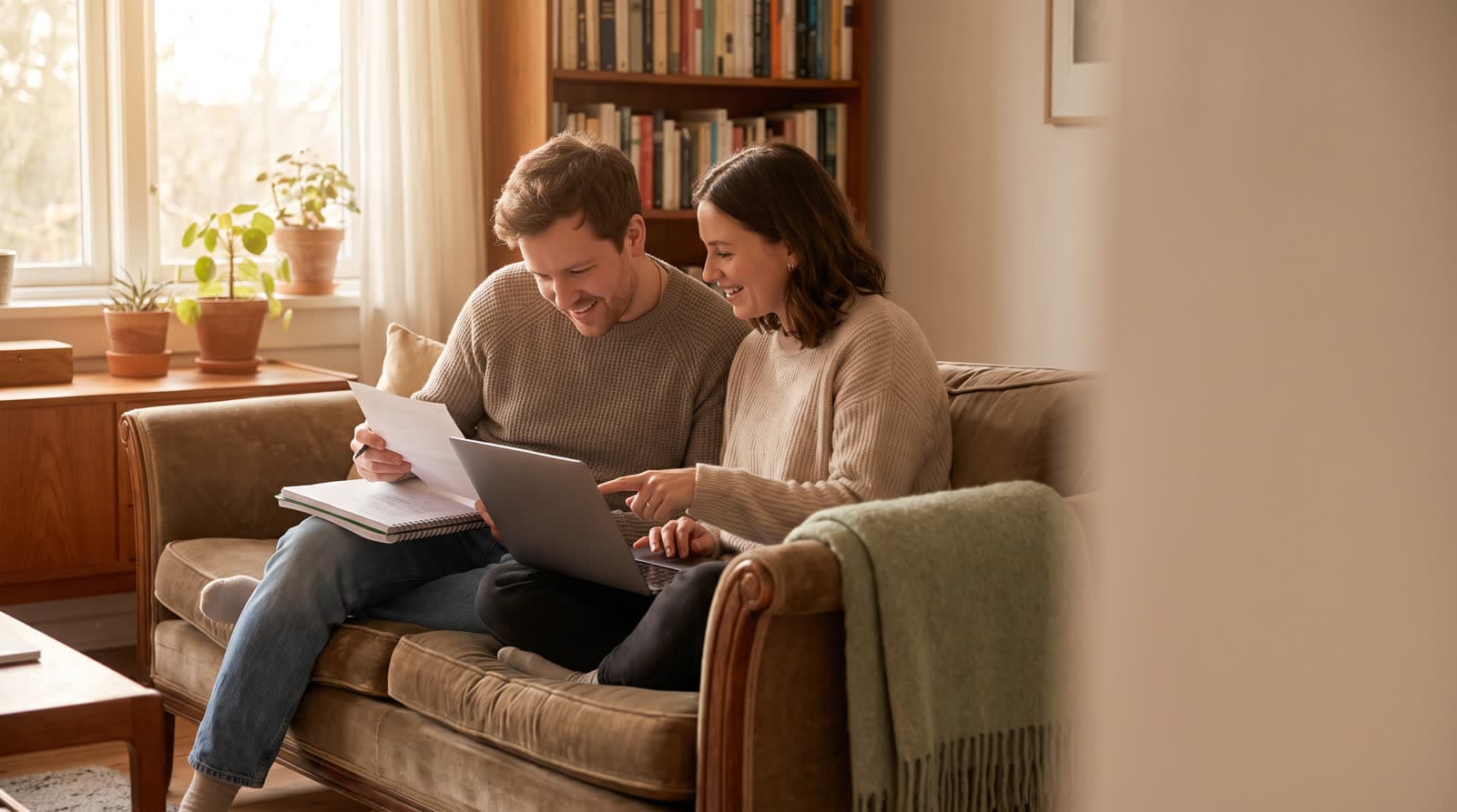 A couple reviewing a financial planning notebook and laptop together on a sofa
