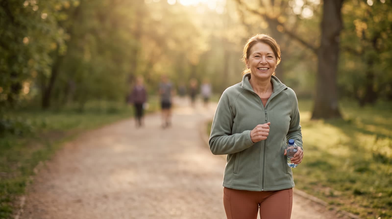 An adult smiling on a morning walk outdoors in a park