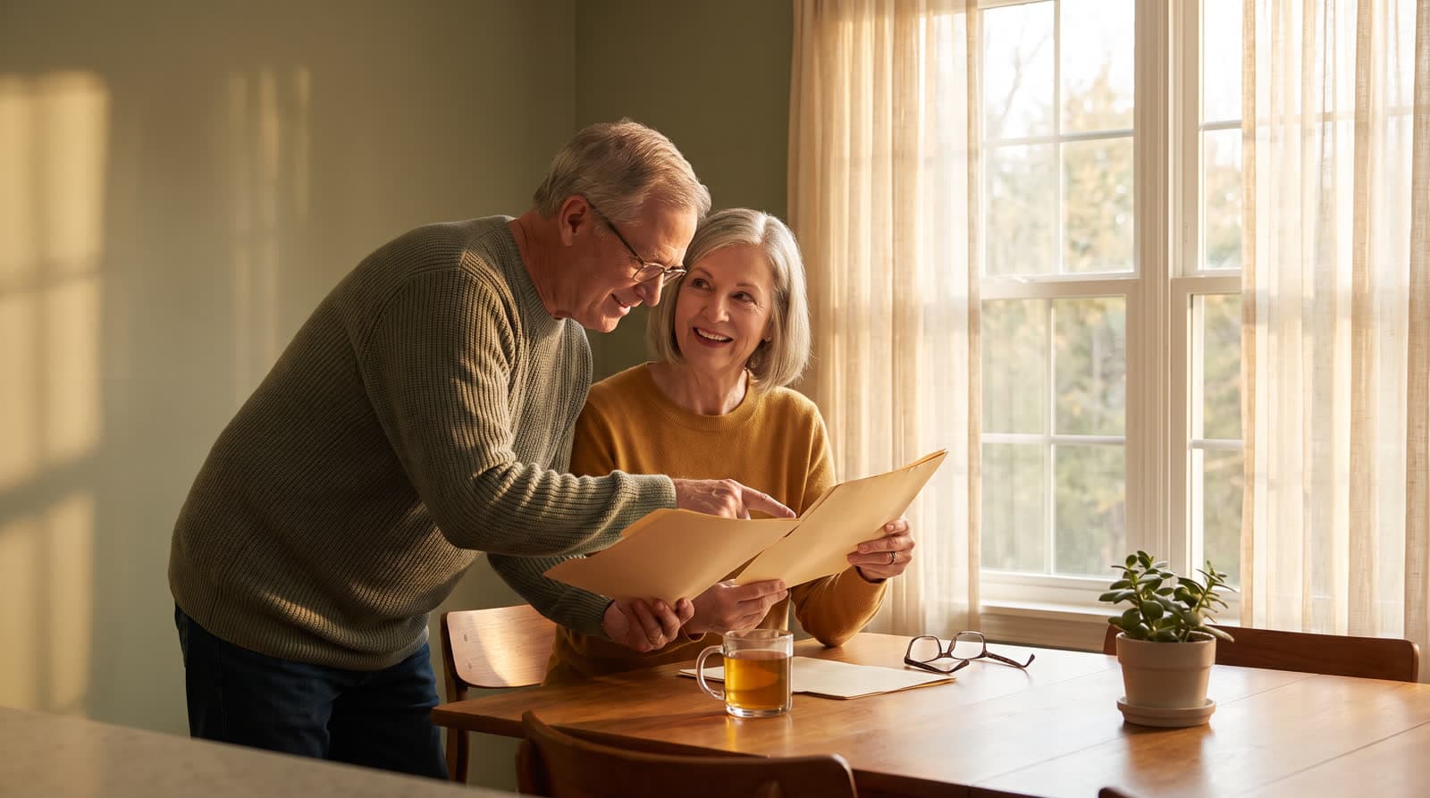 A couple comparing two folders of paperwork side by side at a dining table