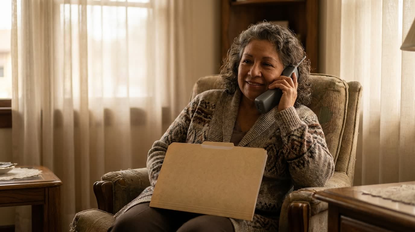 An older woman smiling in an armchair at home while talking on the phone, a folder on her lap
