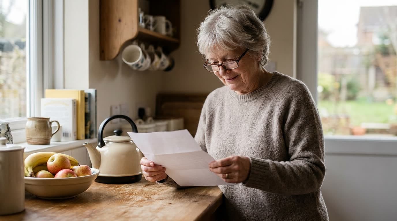 An older woman with gray hair reading a letter at her kitchen counter with a gentle smile
