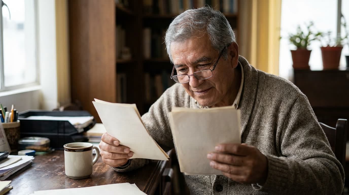 An older man with reading glasses at a desk by a window, comparing two short stacks of letters