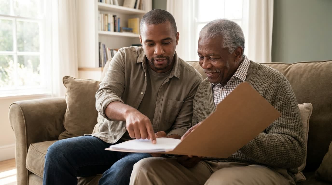 An older man and his adult son reviewing a folder of papers together on a sofa