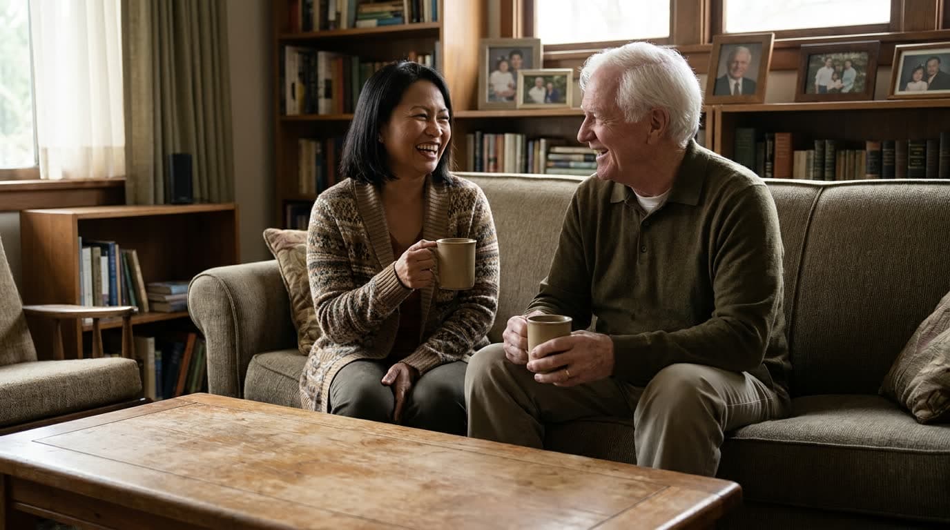 A home caregiver and an older man laughing together over mugs of tea on a living-room sofa