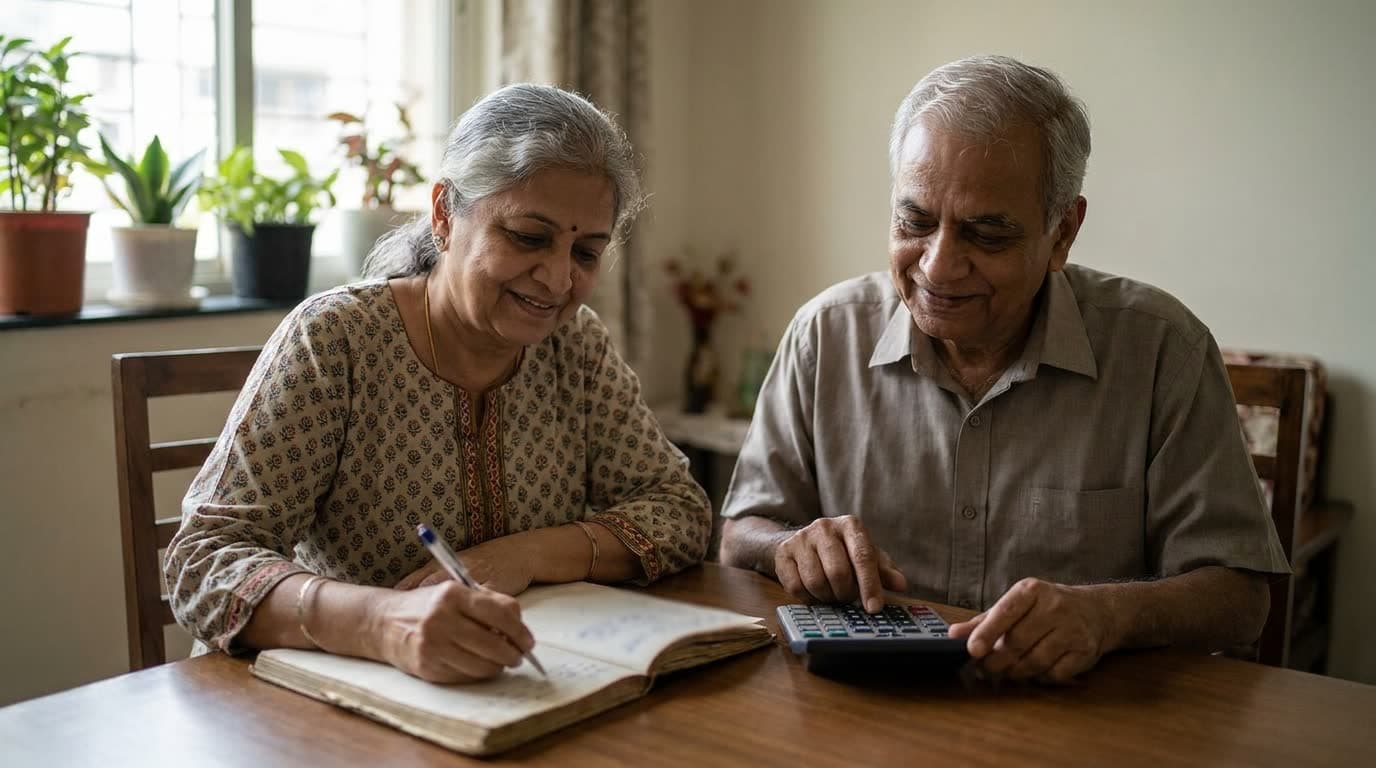 An older couple at a dining table at home, one writing in a notebook and one using a calculator
