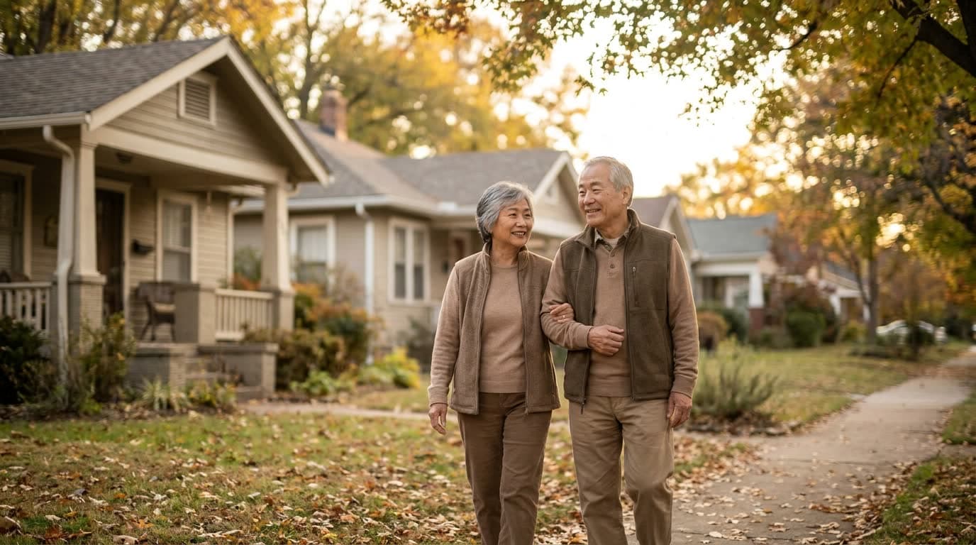 An older couple walking arm in arm along a quiet tree-lined neighborhood sidewalk