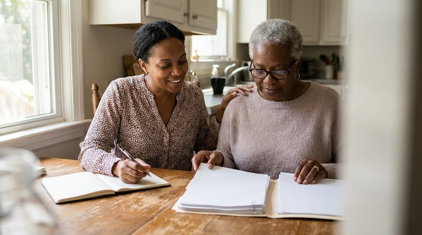 An older woman and her adult daughter sorting household letters together at a kitchen table