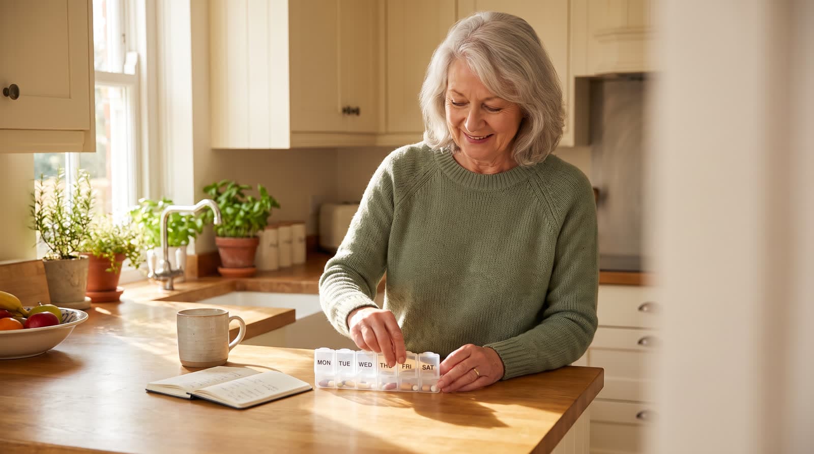 A senior adult organizing a weekly pill organizer at a bright kitchen counter