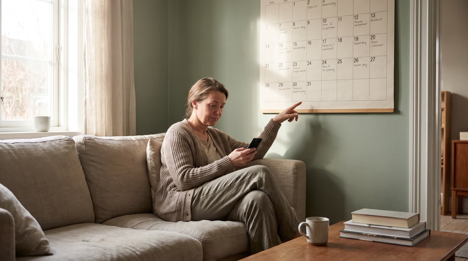 An adult checking a wall calendar while on the phone at home