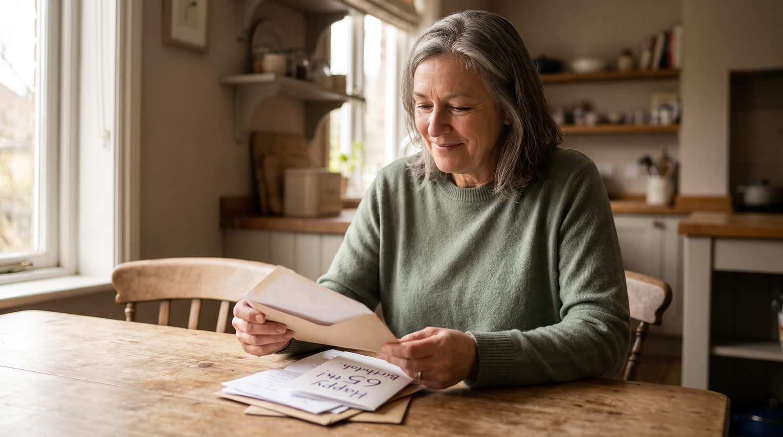 A person opening a stack of mail including a birthday card at a kitchen table