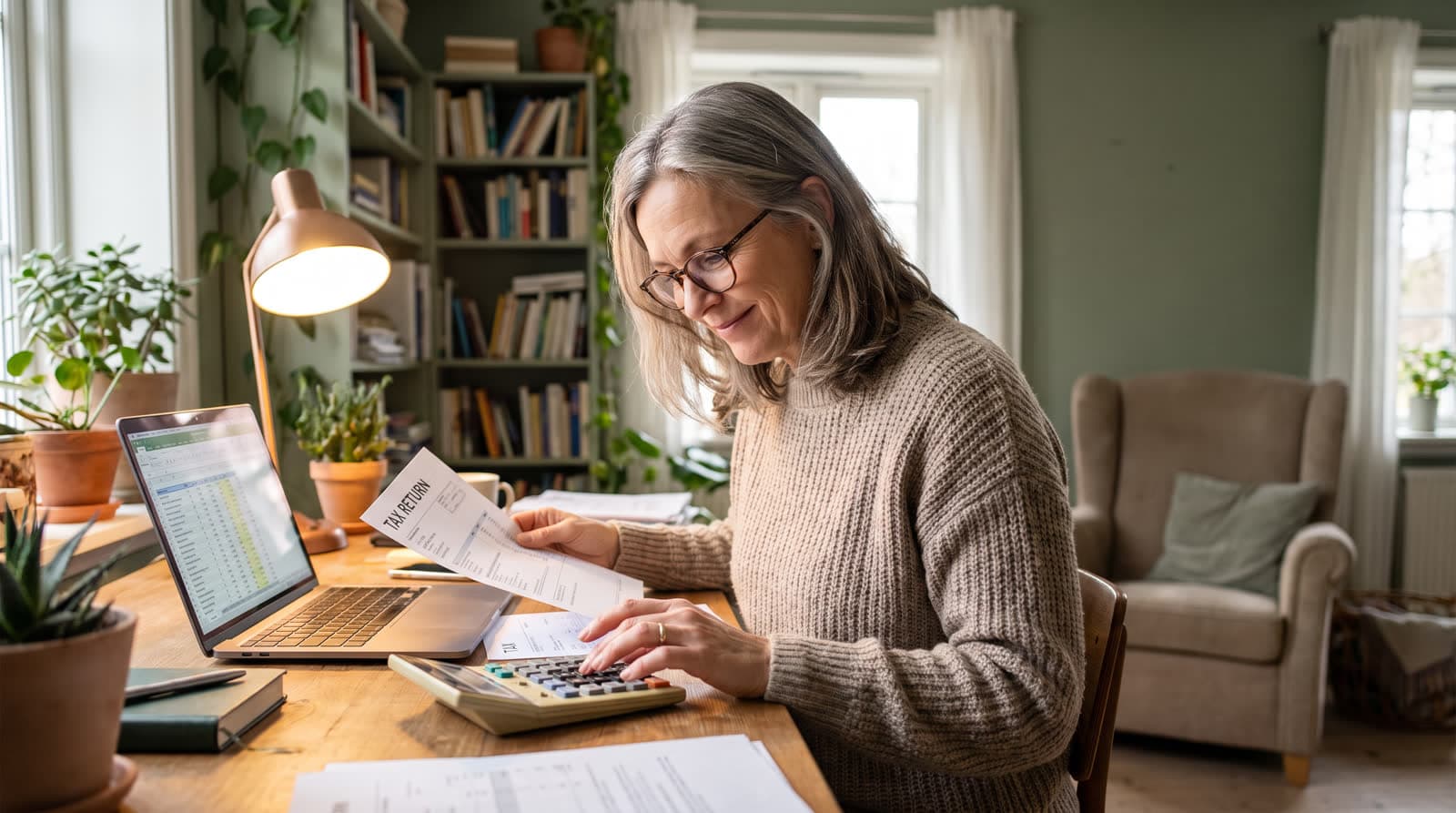 An adult reviewing a tax document and using a calculator at a home office desk