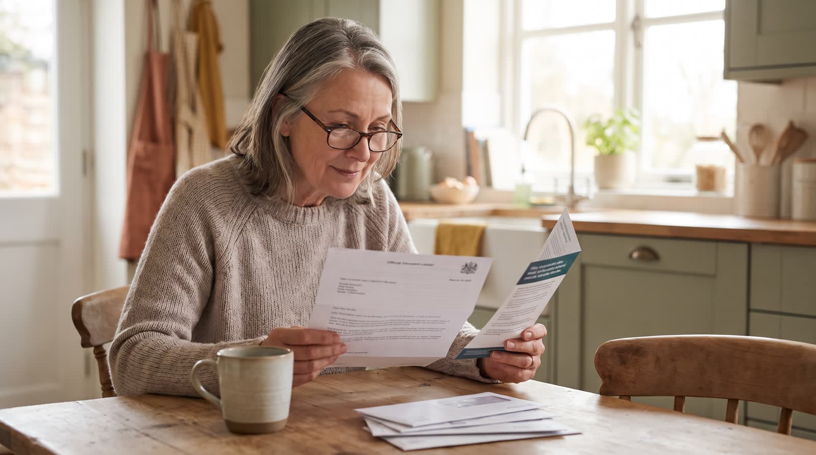 An adult reading a piece of mail and a folded brochure at a sunlit kitchen table
