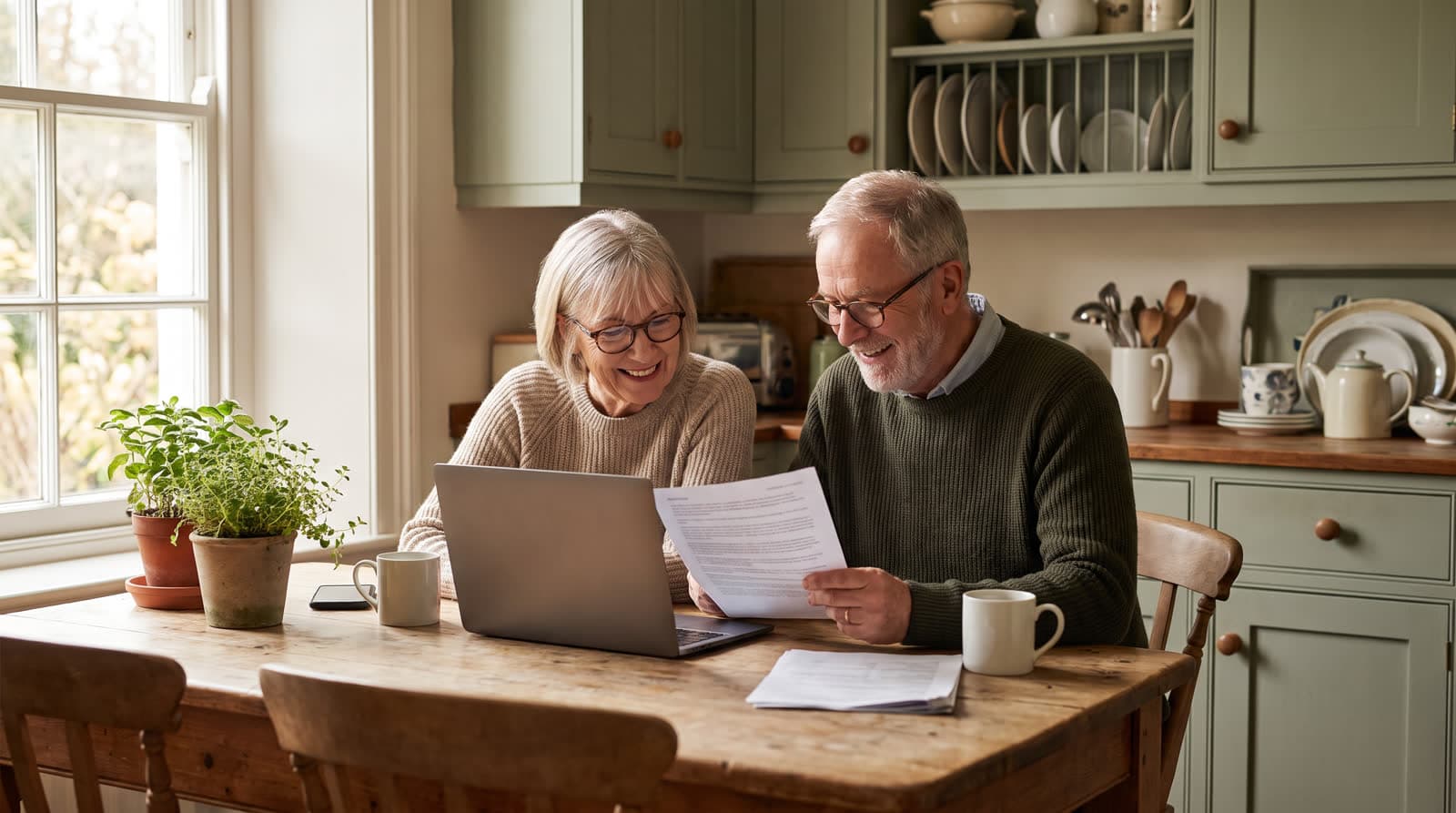 A couple reviewing a printed checklist together with a laptop open at a kitchen table