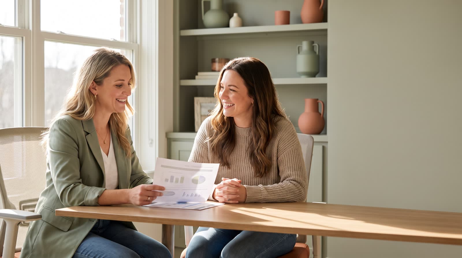 An advisor and client in a bright office reviewing a printed document together