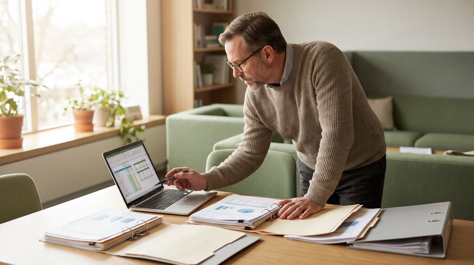An advisor at a desk comparing several carrier folders next to an open laptop