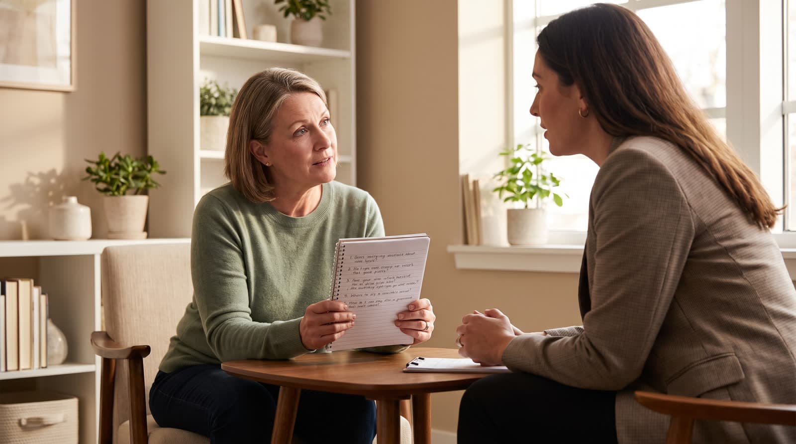 A client holding a notepad of written questions while speaking with an advisor