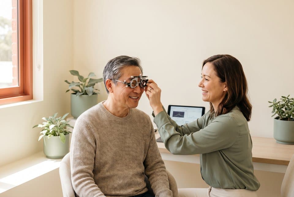 An optometrist fitting a trial lens frame on a smiling man in his 60s during a routine eye exam