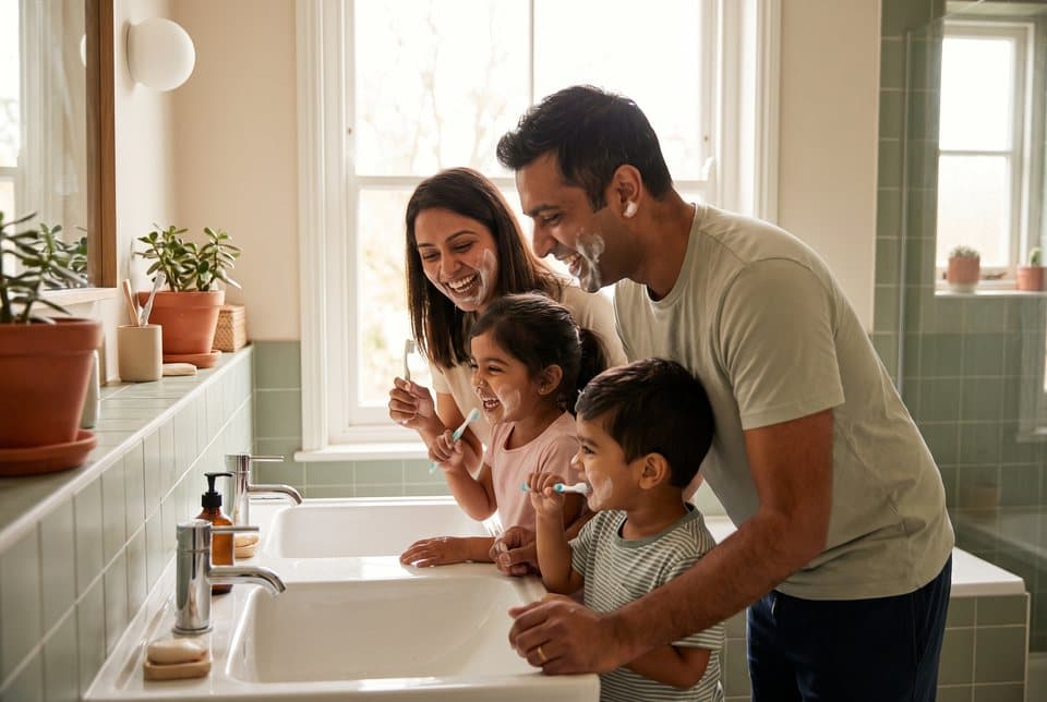 Two parents and their two young children laughing as they brush their teeth together at the bathroom sink