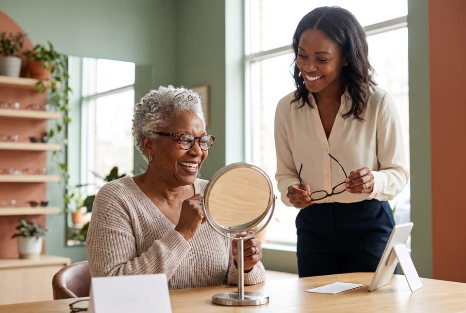 A woman in her 70s trying on eyeglass frames at a table mirror while an optician holds up another pair
