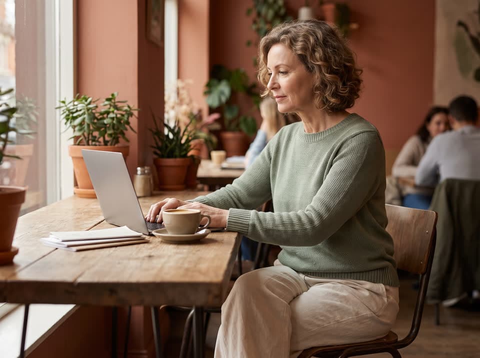 A woman in her 50s with a laptop and a coffee at a cafe table by the window