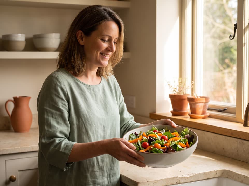 A woman in her 40s smiling as she prepares a colorful salad in a sunny kitchen