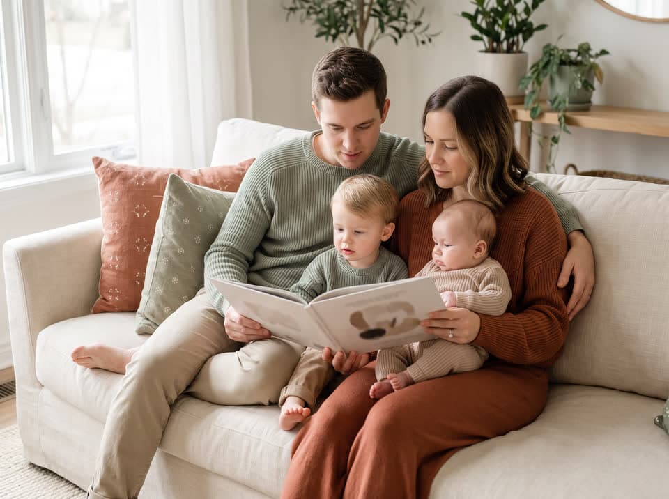 A young family of four reading a picture book together on a living room couch