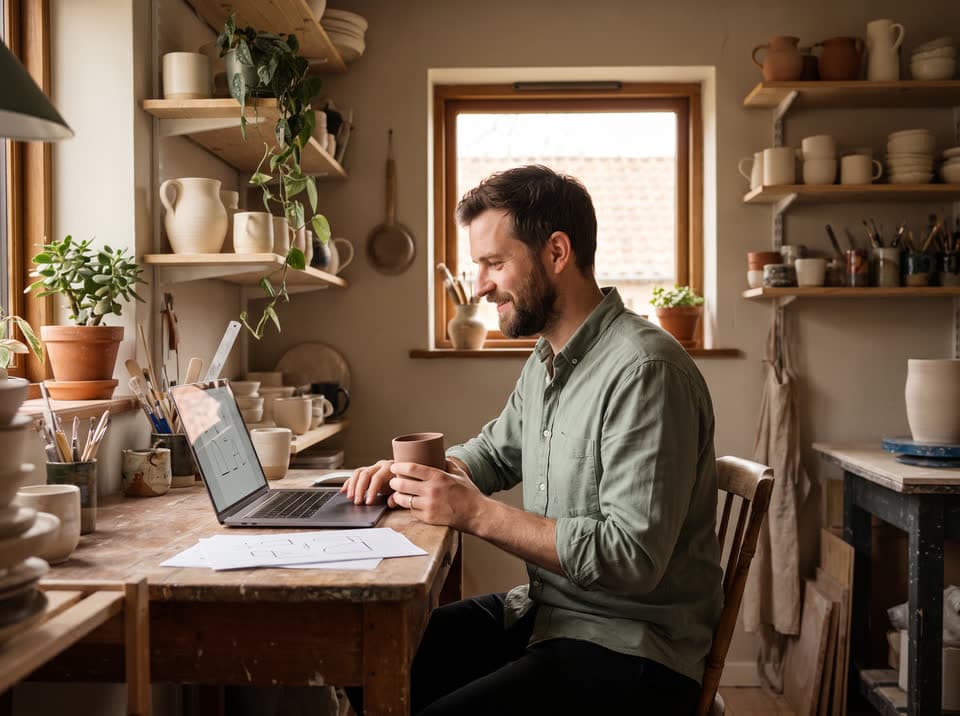 A man working on a laptop at a table in a small home pottery studio