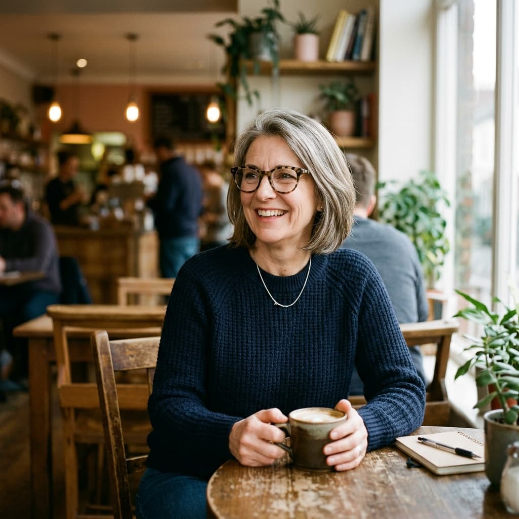 Smiling woman in her 50s with stylish glasses in a cafe setting