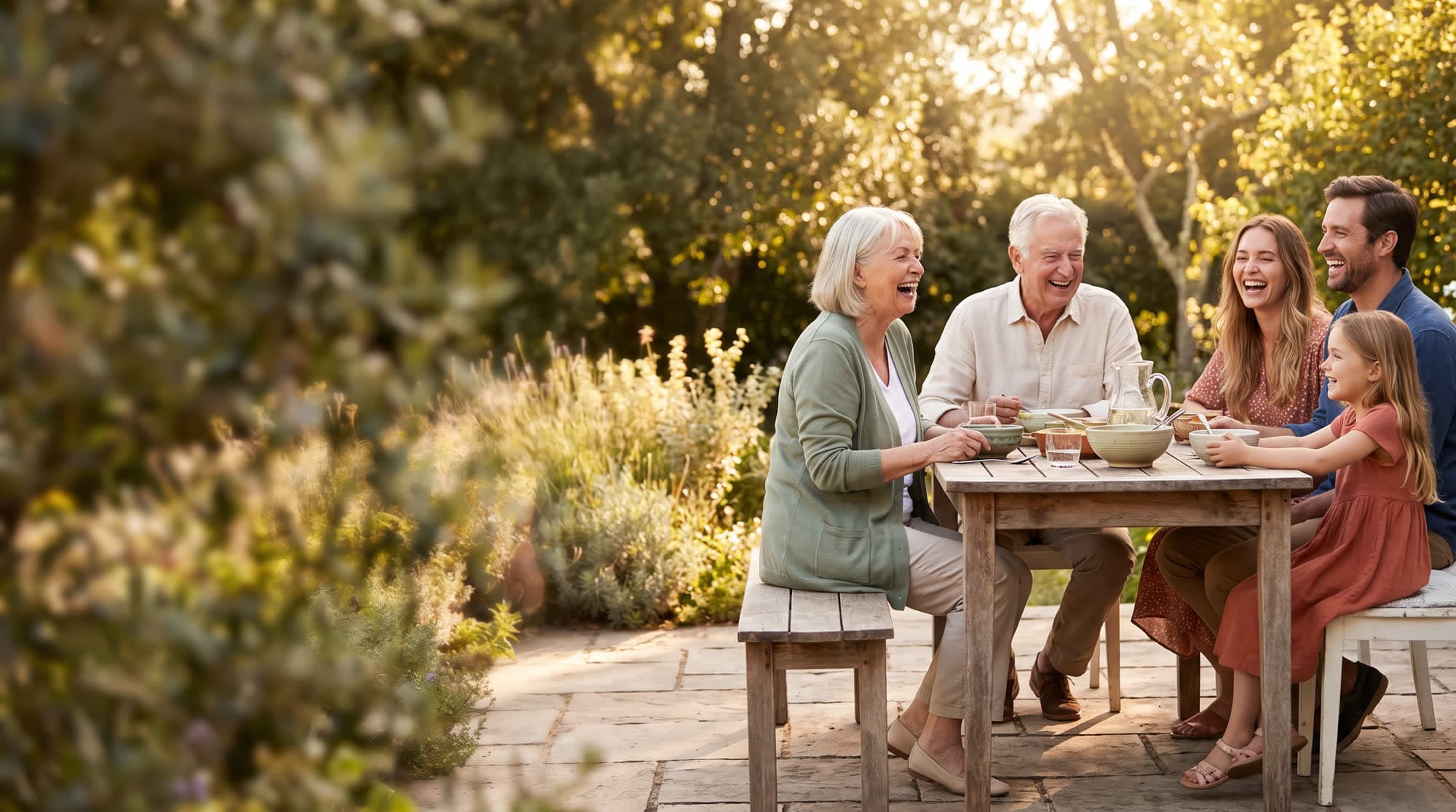 Three generations of a family laughing together around a garden table on a sunny patio