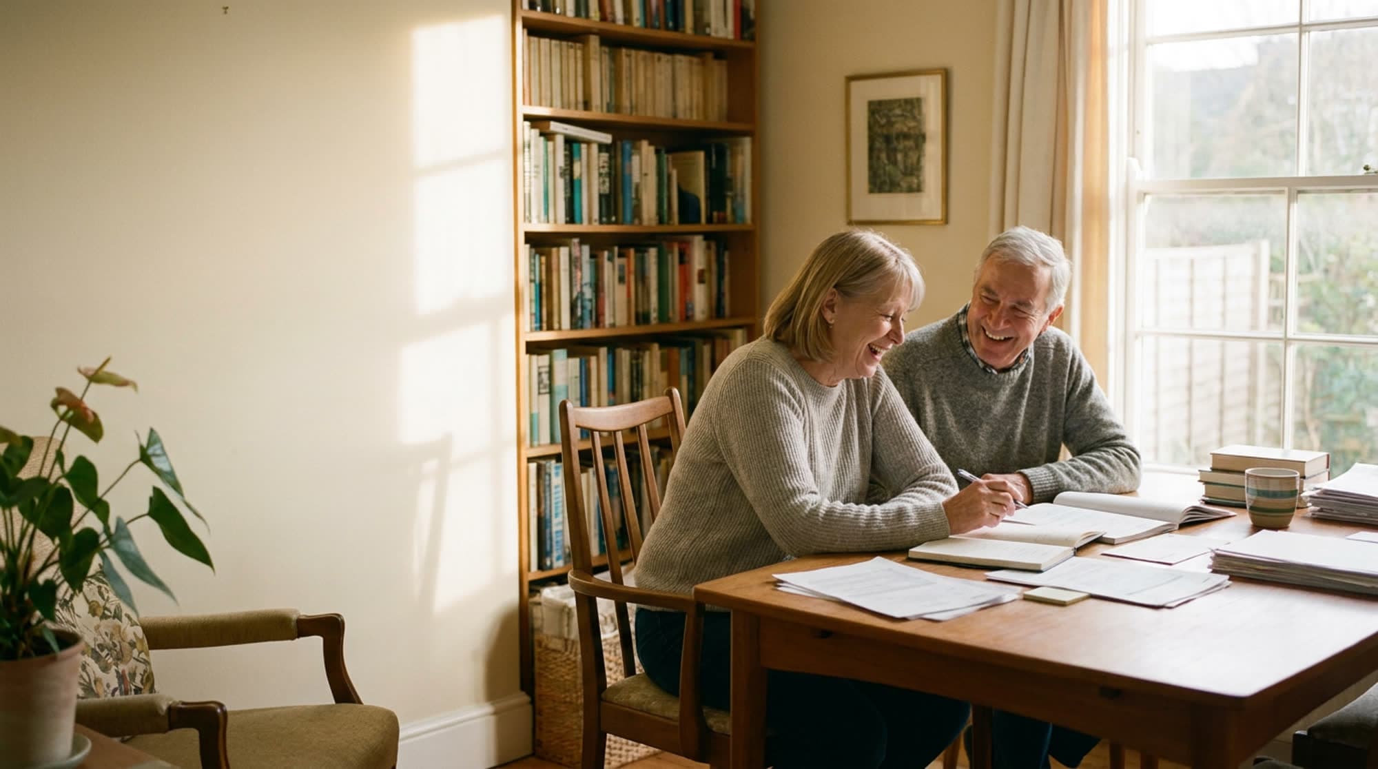 Relaxed couple in their late 60s at their dining table in warm afternoon light, smiling together while reviewing papers