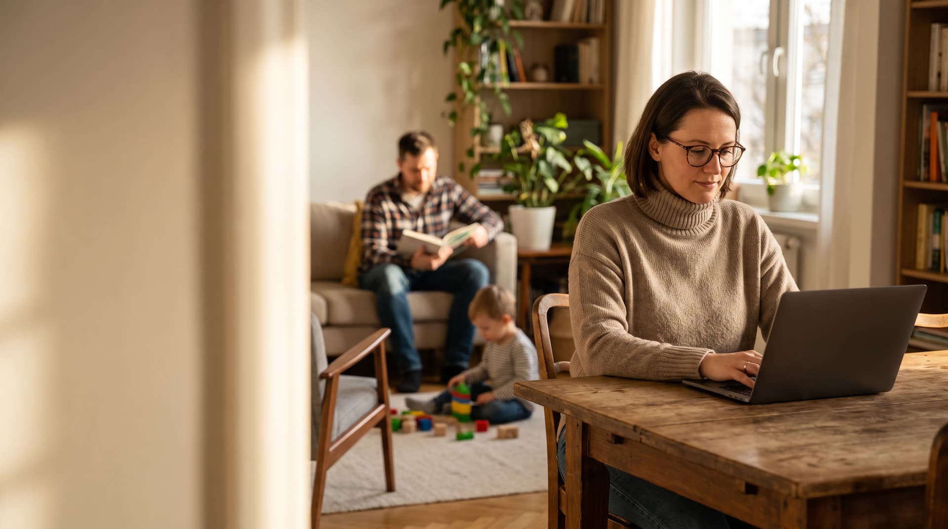Parent working on a laptop at a dining table while family plays in the background