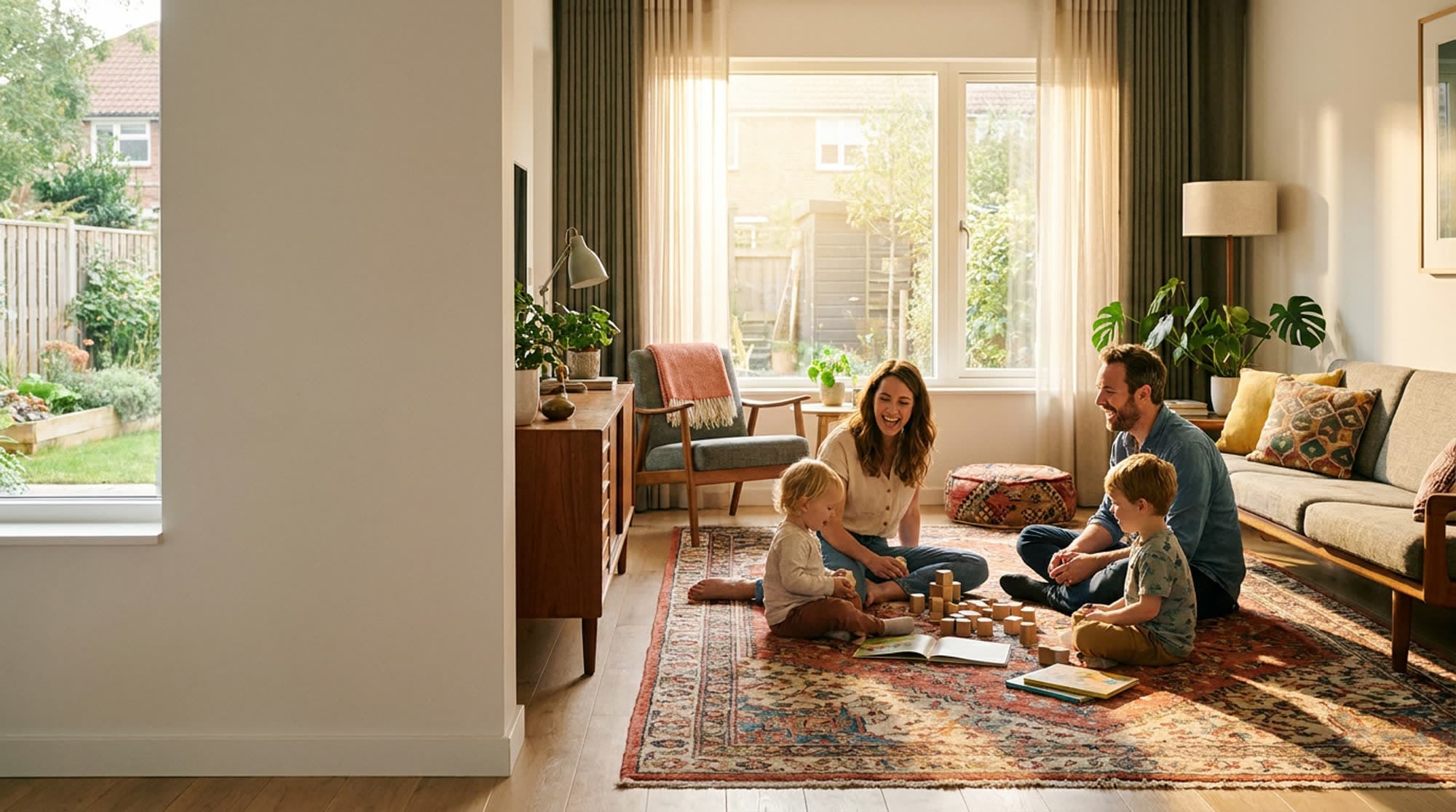 Young family with two children playing together on the floor of a warm, sunlit living room