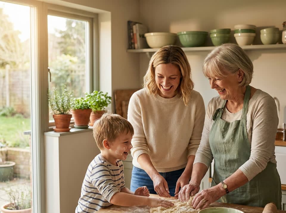 Grandmother, daughter and grandson baking together in a warm kitchen