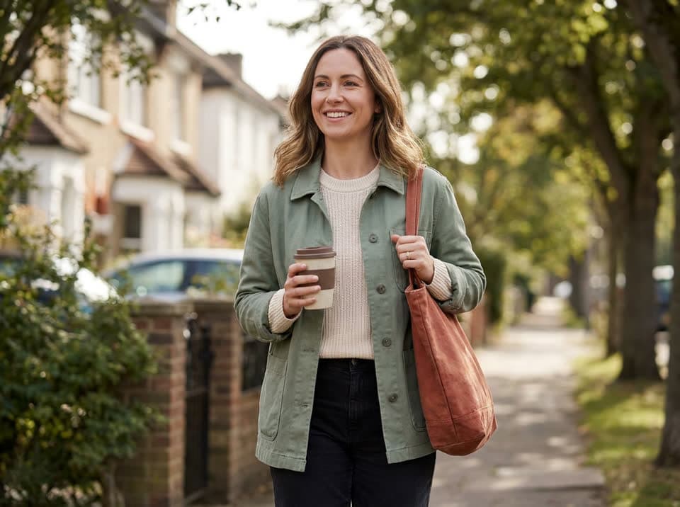 Smiling woman walking down a tree-lined neighborhood street with a coffee