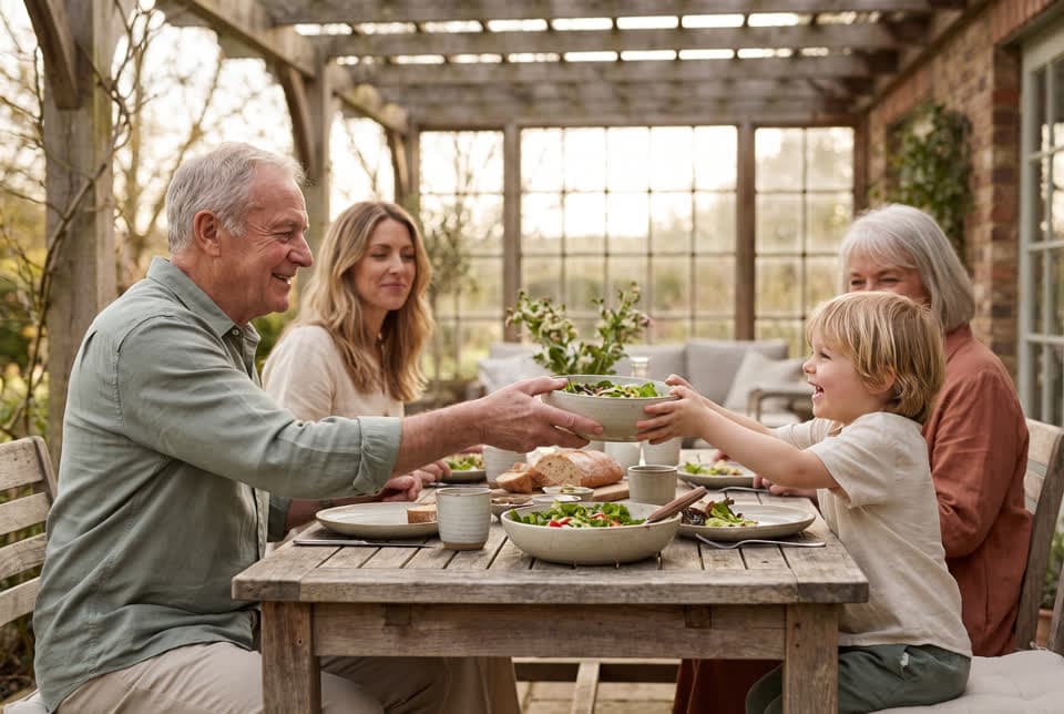 Three generations of a family sharing lunch at an outdoor garden table