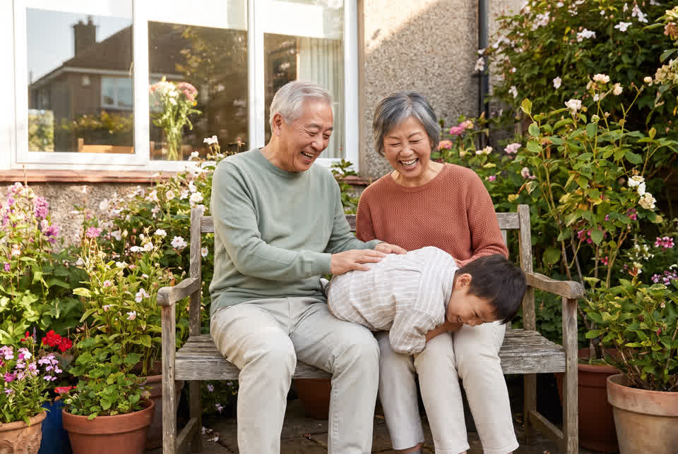 Grandparents laughing as they play with their young grandson in a sunny backyard garden