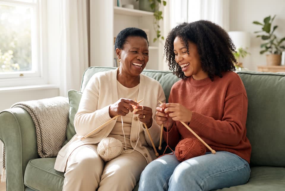 A grandmother teaching her adult granddaughter to knit on a cozy sofa, both laughing