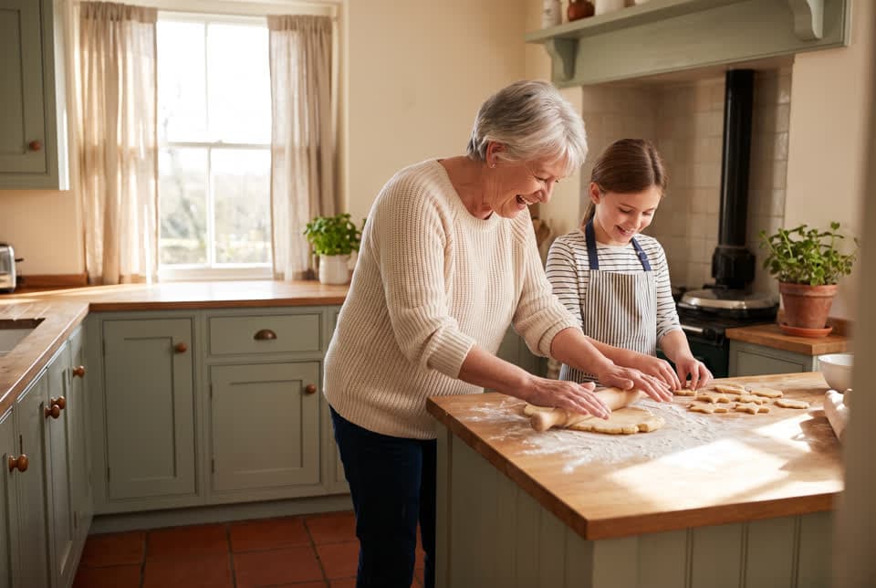 A grandmother and her young granddaughter baking cookies together in a sunny kitchen